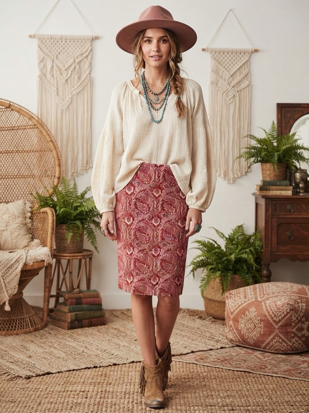 Tristan & Iseut Red Paisley Tapestry Pencil Skirt Sz- 8 Boho Heritage Preppy